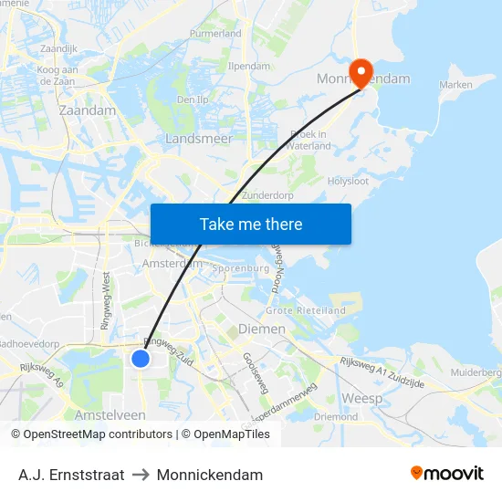 A.J. Ernststraat to Monnickendam map