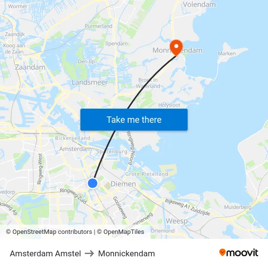 Amsterdam Amstel to Monnickendam map