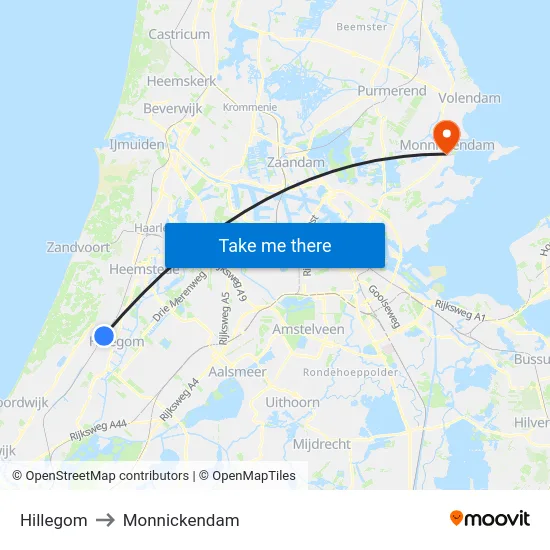 Hillegom to Monnickendam map