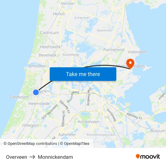 Overveen to Monnickendam map