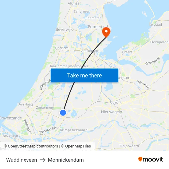 Waddinxveen to Monnickendam map