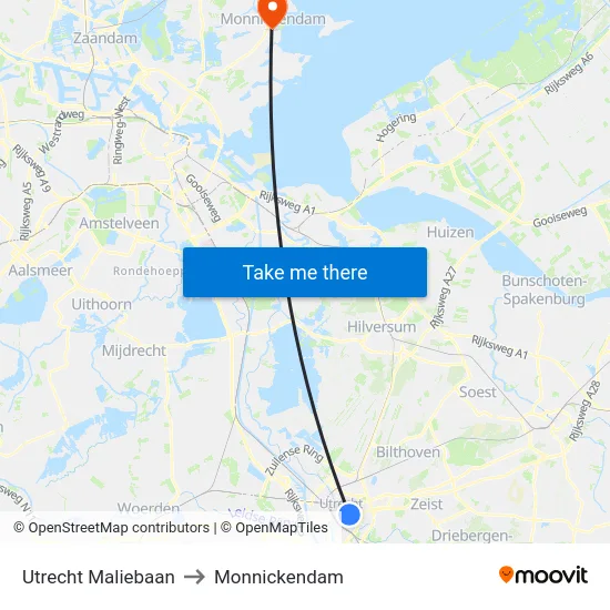 Utrecht Maliebaan to Monnickendam map
