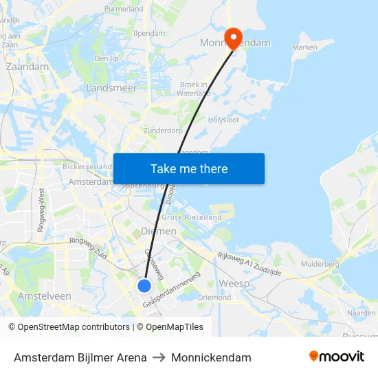 Amsterdam Bijlmer Arena to Monnickendam map