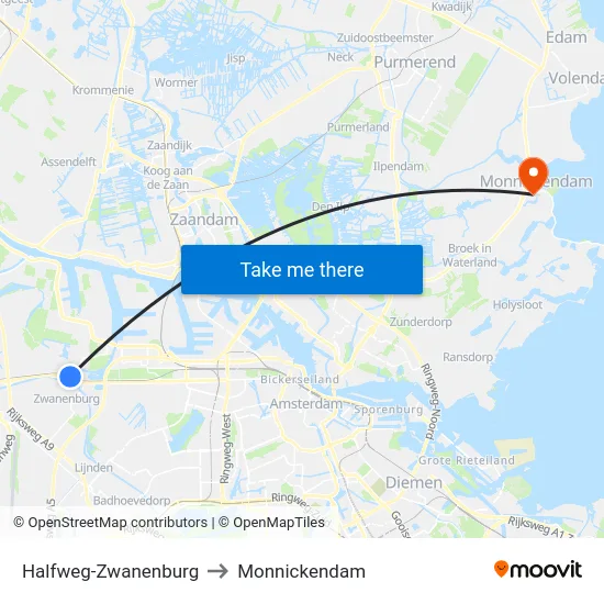 Halfweg-Zwanenburg to Monnickendam map