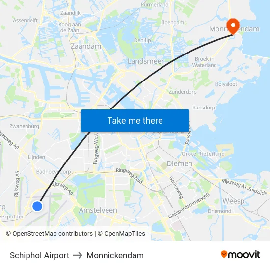 Schiphol Airport to Monnickendam map