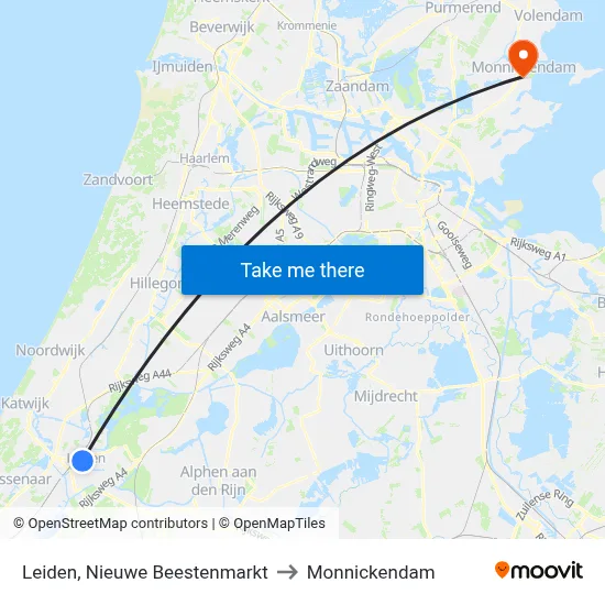 Leiden, Nieuwe Beestenmarkt to Monnickendam map