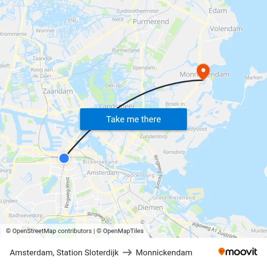 Amsterdam, Station Sloterdijk to Monnickendam map