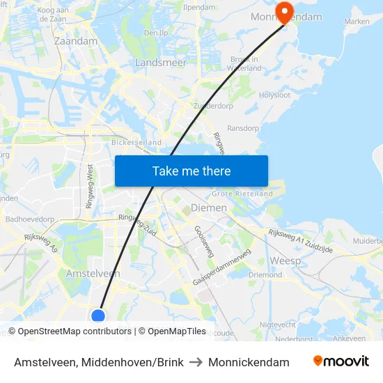 Amstelveen, Middenhoven/Brink to Monnickendam map