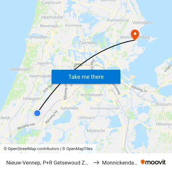 Nieuw-Vennep, P+R Getsewoud Zuid to Monnickendam map