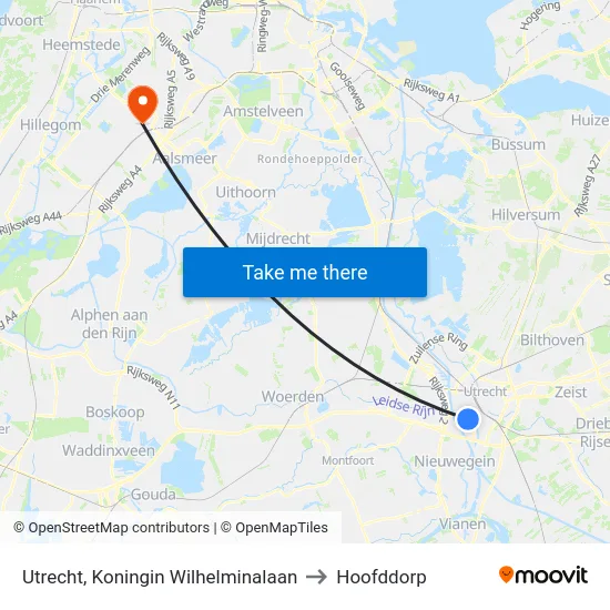 Utrecht, Koningin Wilhelminalaan to Hoofddorp map