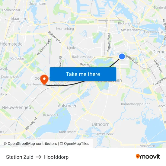 Station Zuid to Hoofddorp map