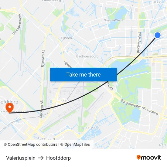 Valeriusplein to Hoofddorp map