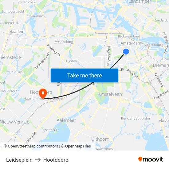 Leidseplein to Hoofddorp map
