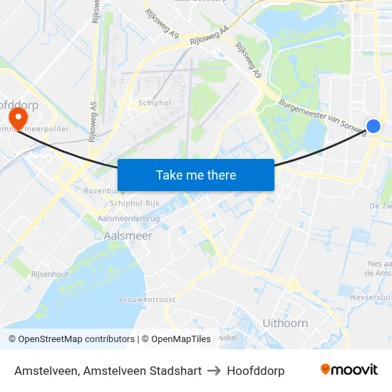 Amstelveen, Amstelveen Stadshart to Hoofddorp map