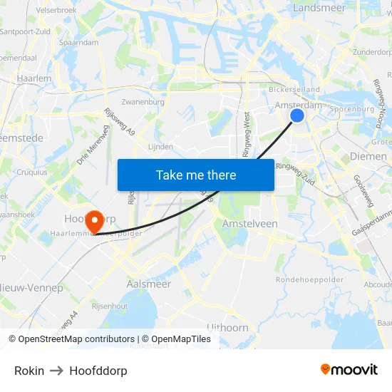 Rokin to Hoofddorp map