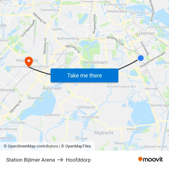 Station Bijlmer Arena to Hoofddorp map