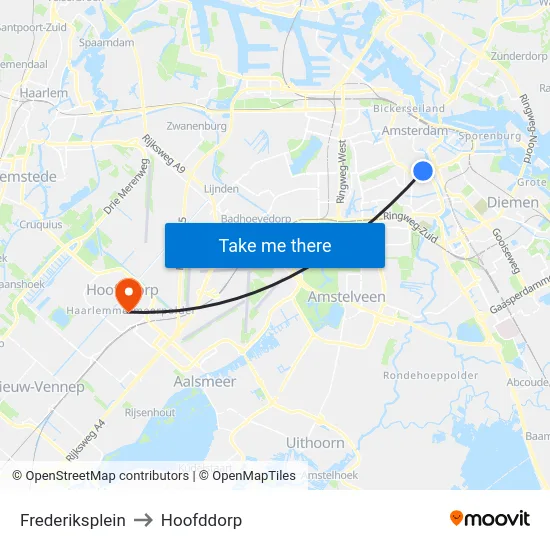 Frederiksplein to Hoofddorp map