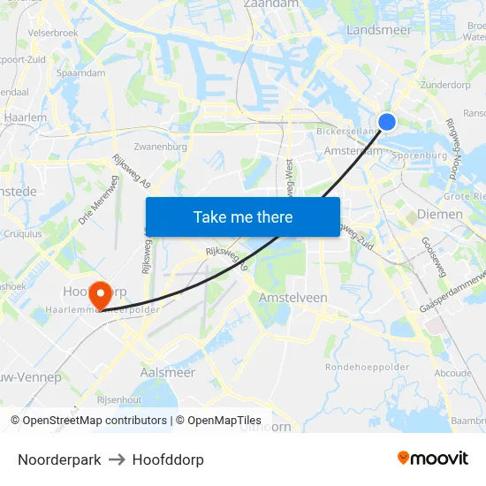 Noorderpark to Hoofddorp map
