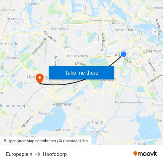 Europaplein to Hoofddorp map