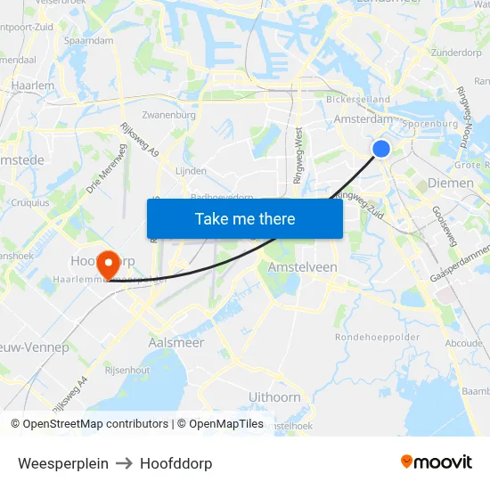 Weesperplein to Hoofddorp map