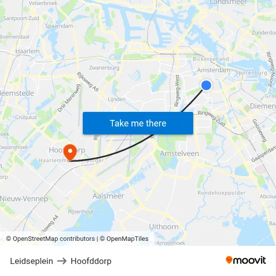 Leidseplein to Hoofddorp map