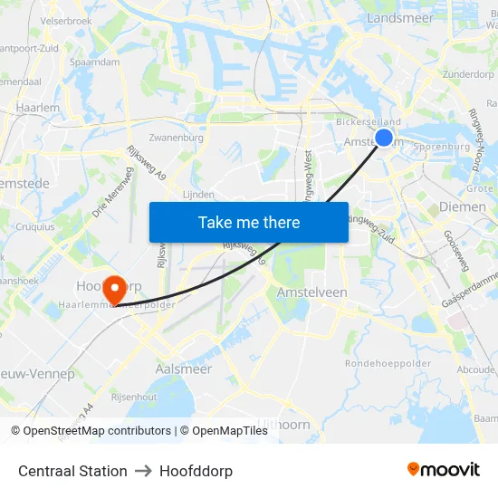 Centraal Station to Hoofddorp map