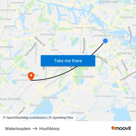 Waterlooplein to Hoofddorp map