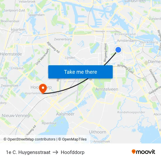 1e C. Huygensstraat to Hoofddorp map