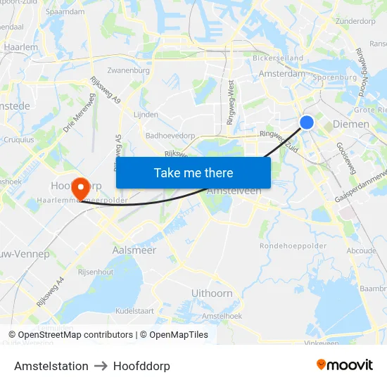 Amstelstation to Hoofddorp map