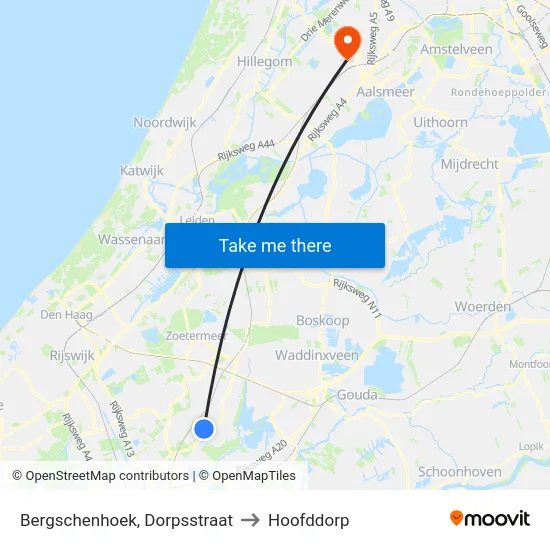 Bergschenhoek, Dorpsstraat to Hoofddorp map