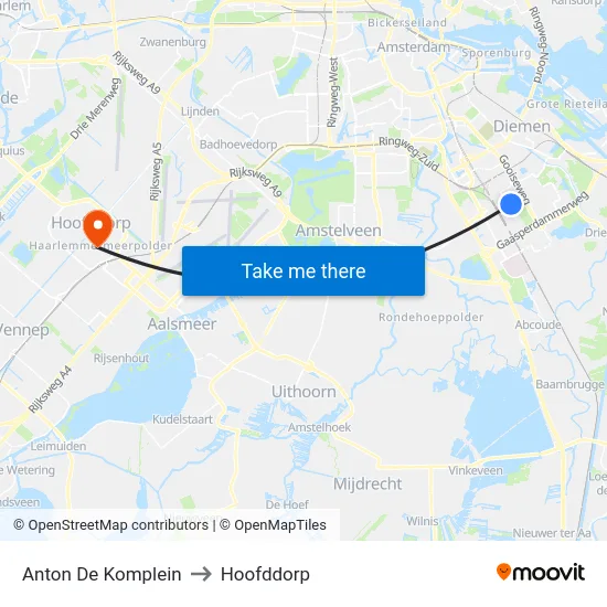 Anton De Komplein to Hoofddorp map