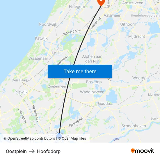 Oostplein to Hoofddorp map