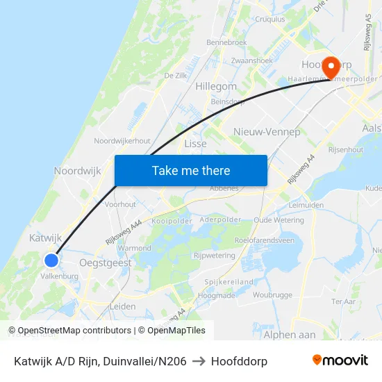Katwijk A/D Rijn, Duinvallei/N206 to Hoofddorp map