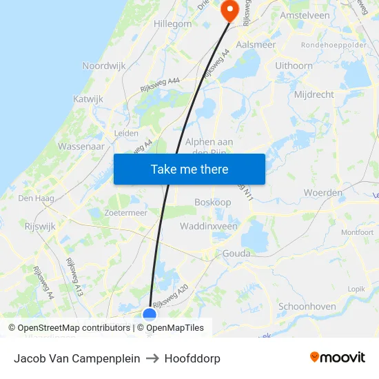 Jacob Van Campenplein to Hoofddorp map