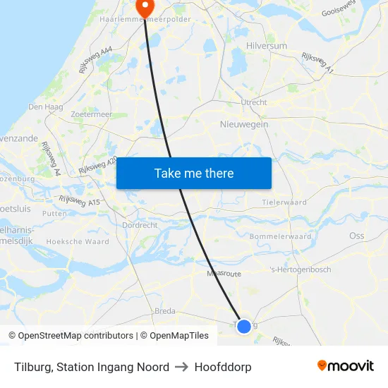 Tilburg, Station Ingang Noord to Hoofddorp map