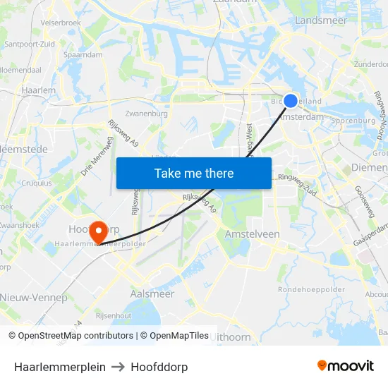 Haarlemmerplein to Hoofddorp map