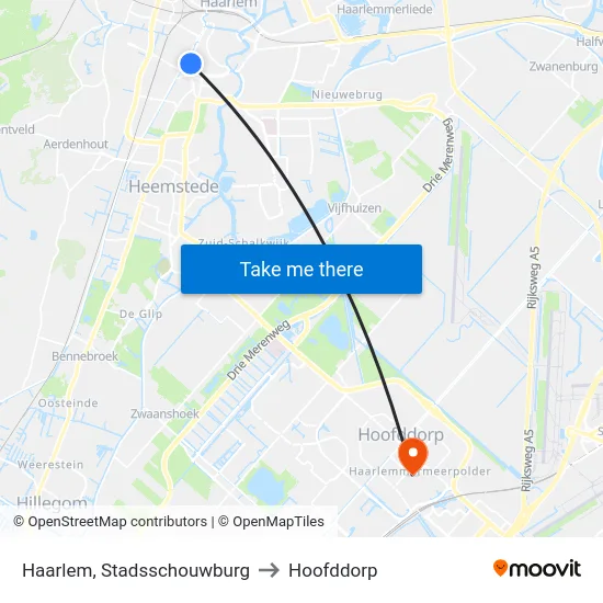 Haarlem, Stadsschouwburg to Hoofddorp map