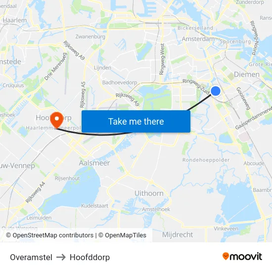 Overamstel to Hoofddorp map