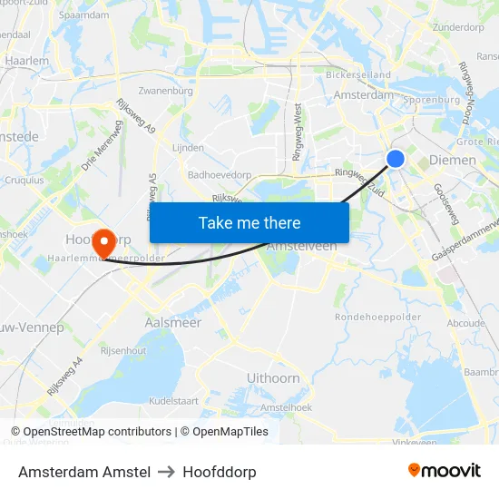 Amsterdam Amstel to Hoofddorp map