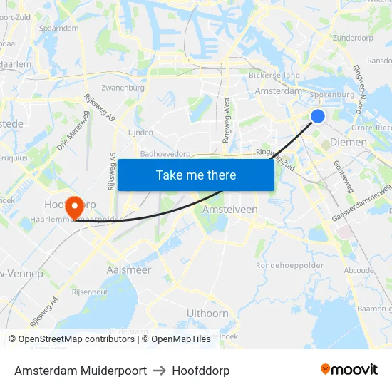 Amsterdam Muiderpoort to Hoofddorp map