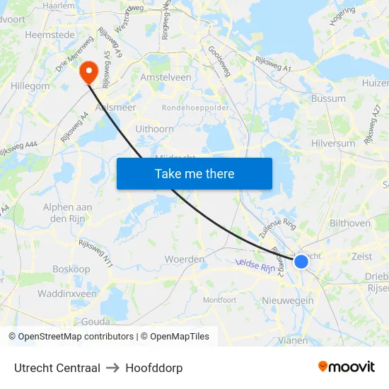 Utrecht Centraal to Hoofddorp map