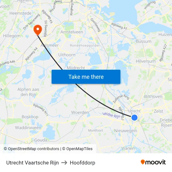 Utrecht Vaartsche Rijn to Hoofddorp map