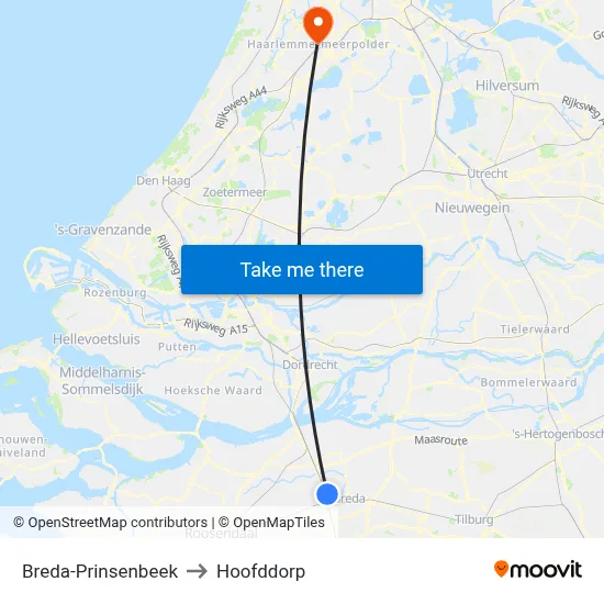 Breda-Prinsenbeek to Hoofddorp map