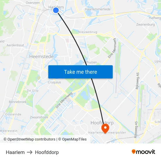 Haarlem to Hoofddorp map