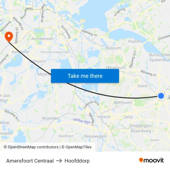 Amersfoort Centraal to Hoofddorp map