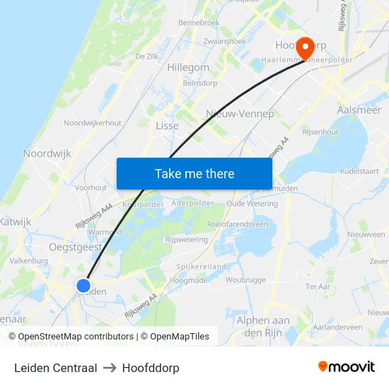 Leiden Centraal to Hoofddorp map