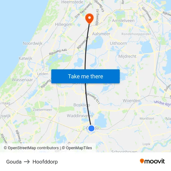 Gouda to Hoofddorp map