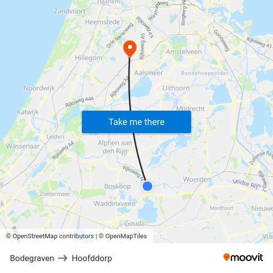 Bodegraven to Hoofddorp map