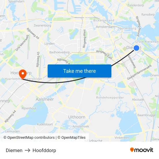 Diemen to Hoofddorp map