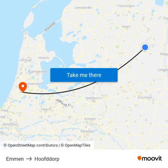 Emmen to Hoofddorp map